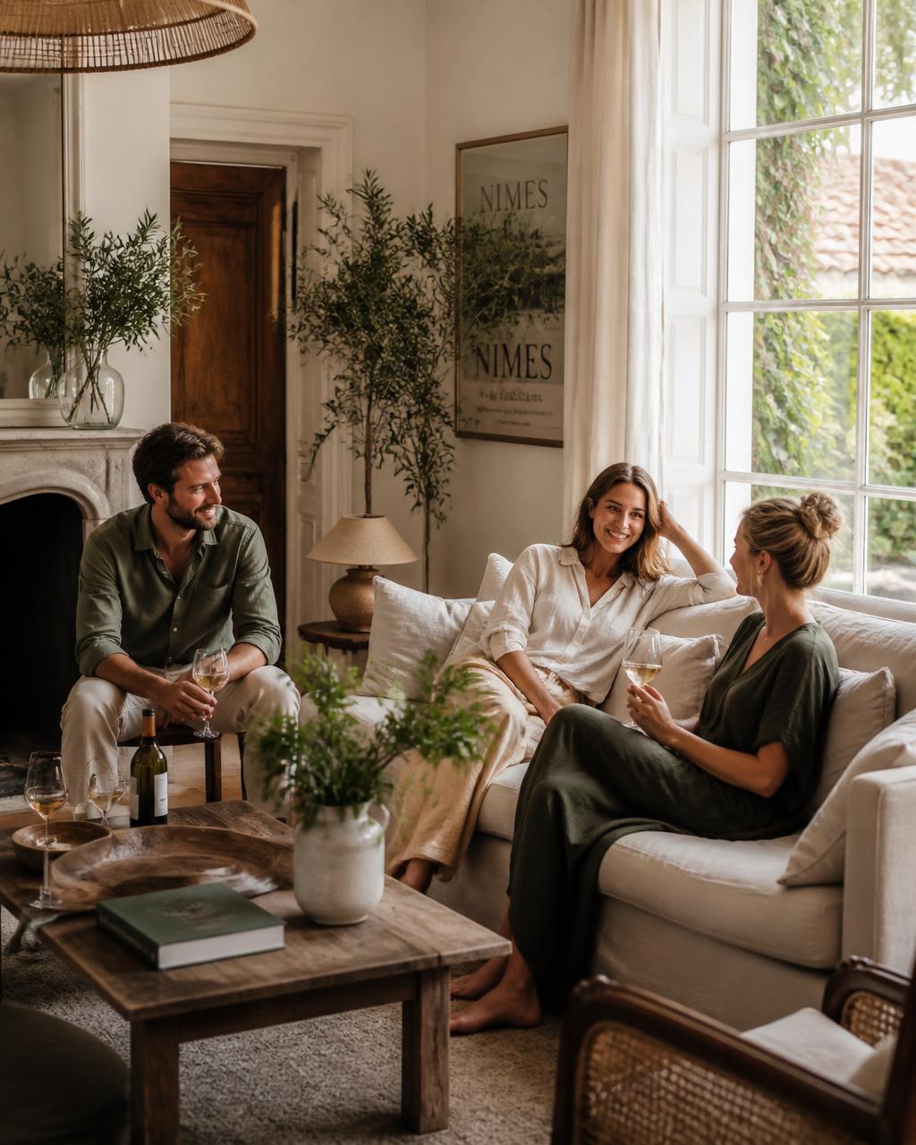 Voyageurs installés dans le salon d'une maison de vacances